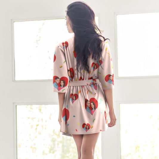 Matching personalised photo pyjamas set with women’s short kimono robe in a custom couple sleepwear design, perfect for bridal morning, hen do or thoughtful gifts