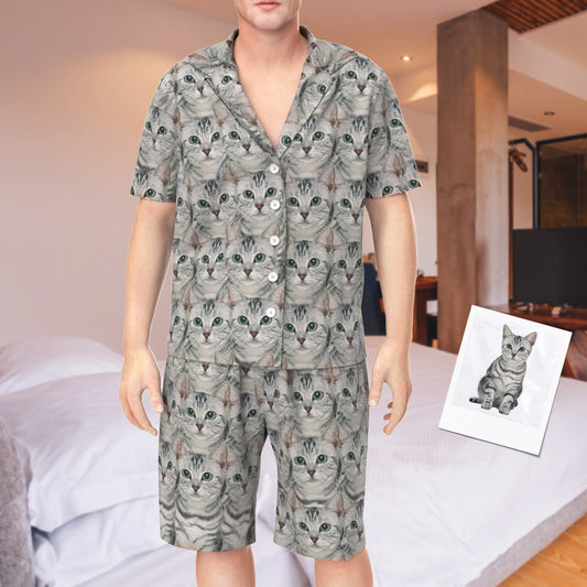 Detail view of matching shorts with elastic drawstring waist and buckle design, 95% polyester 5% spandex breathable fabric for comfortable men's summer pyjamas novelty gift