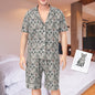 Detail view of matching shorts with elastic drawstring waist and buckle design, 95% polyester 5% spandex breathable fabric for comfortable men's summer pyjamas novelty gift