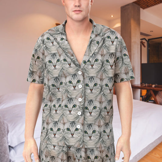 Detail view of matching shorts with elastic drawstring waist and buckle design, 95% polyester 5% spandex breathable fabric for comfortable men's summer pyjamas novelty gift
