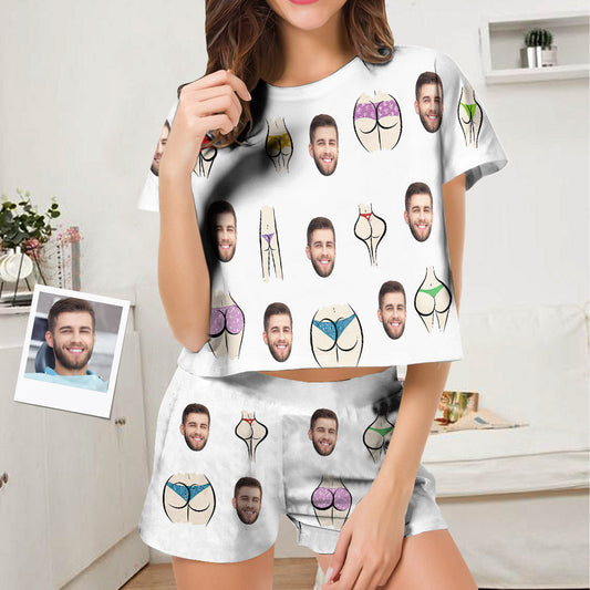 Personalised colourful women’s short pyjama set with custom face photo print on smooth polyester — made-to-order sleepwear gift for her