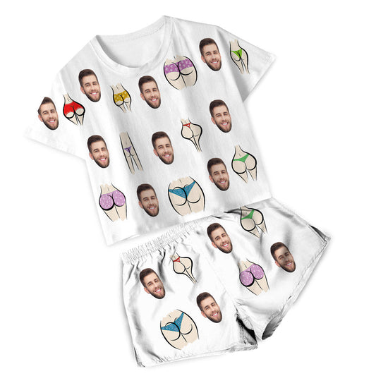 Personalised colourful women’s short pyjama set with custom face photo print on smooth polyester — made-to-order sleepwear gift for her