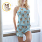 Front view of Custom Face Shorty Pyjama Shorts with cute cat photo and personalised face cutout, adjustable straps — breathable summer strap pyjamas, ideal personalised gift for her
