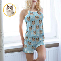 Custom Face Shorty Pajama Shorts Cute Cat Photo Summer Strap Pajamas