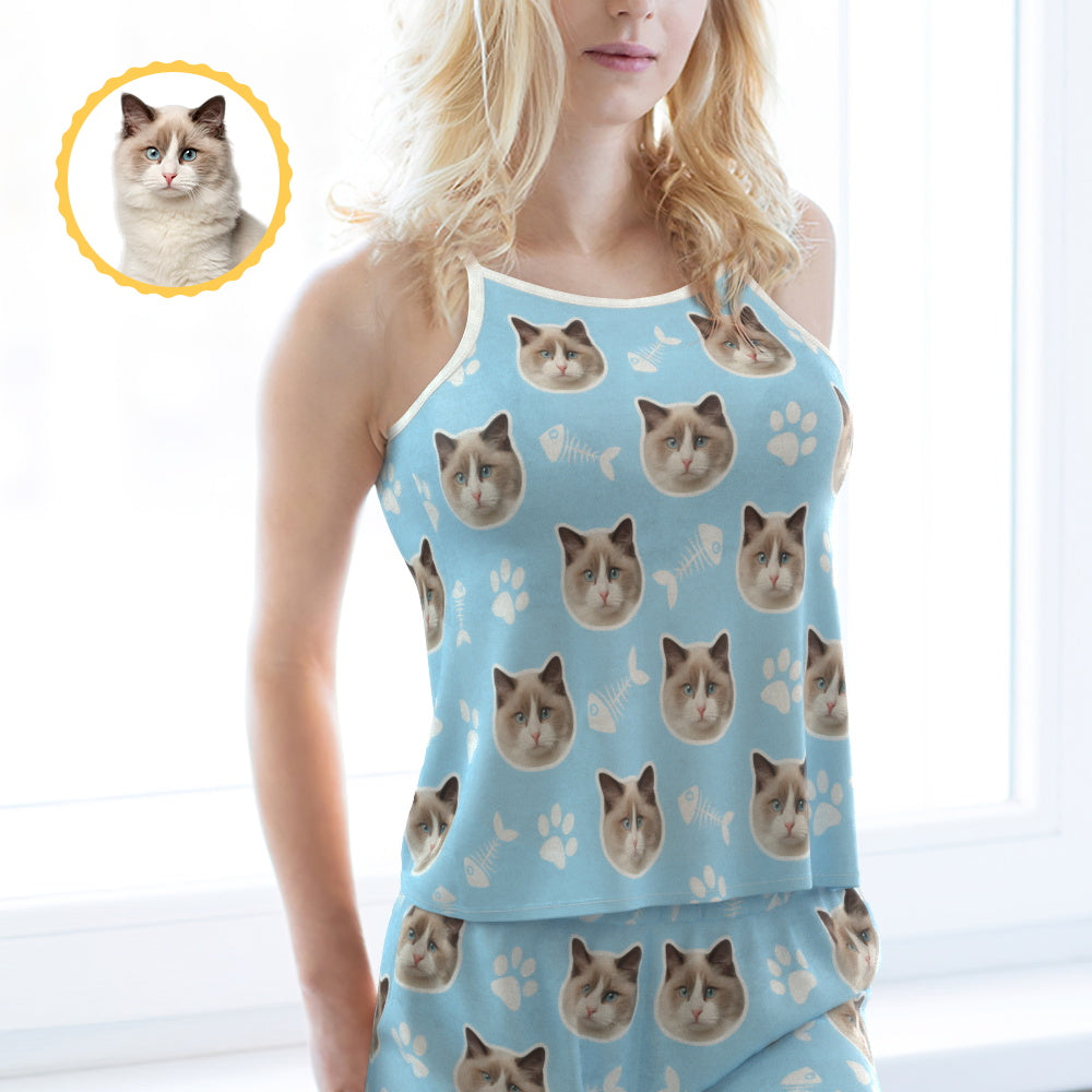 Model wearing personalised Custom Face Shorty Pyjama Shorts featuring a cute cat photo print and adjustable straps — comfortable, soft stretch fabric for summer nights