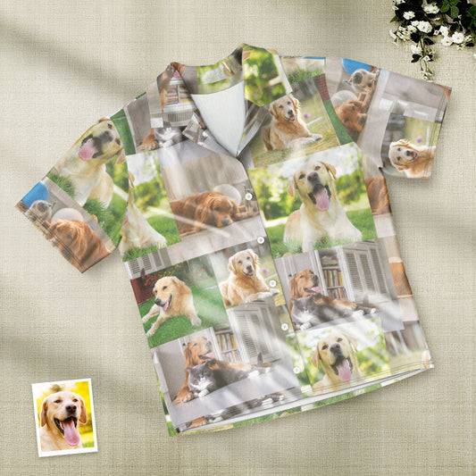 Front view of personalised short-sleeve pyjama set printed with up to 5 custom photos on matching shirt and drawstring shorts