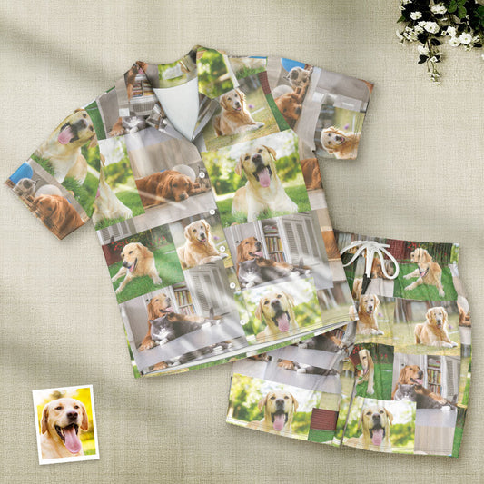 Front view of personalised short-sleeve pyjama set printed with up to 5 custom photos on matching shirt and drawstring shorts