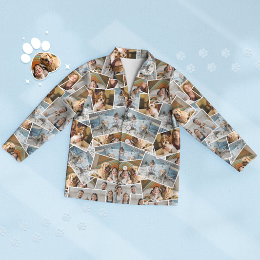 Personalised 4-Photo Pyjamas front view — custom memory photo sleepwear set with button-front top and matching trousers