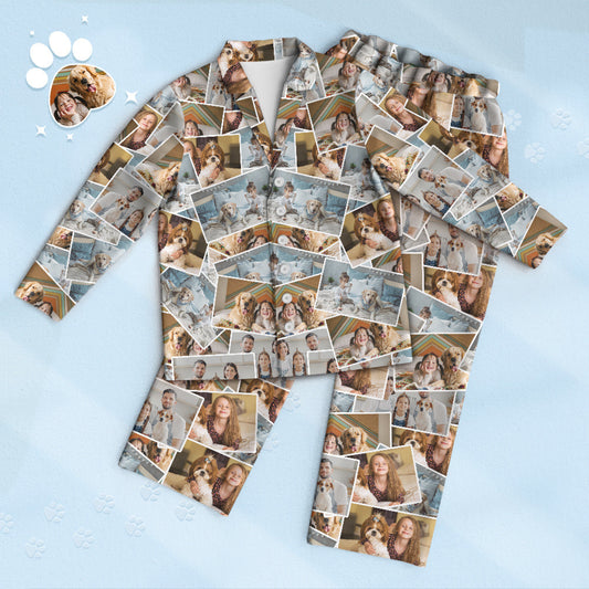 Personalised 4-Photo Pyjamas front view — custom memory photo sleepwear set with button-front top and matching trousers