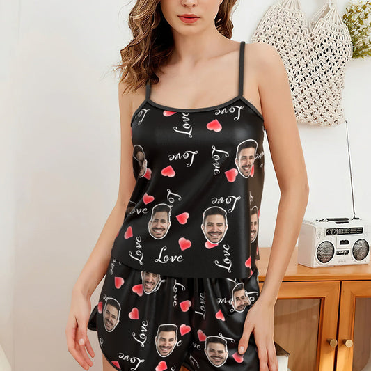 Personalised Face Suspender Sleepwear Set 'Love' front view of summer camisole and matching shorts with adjustable shoulder straps and soft stretch fabric