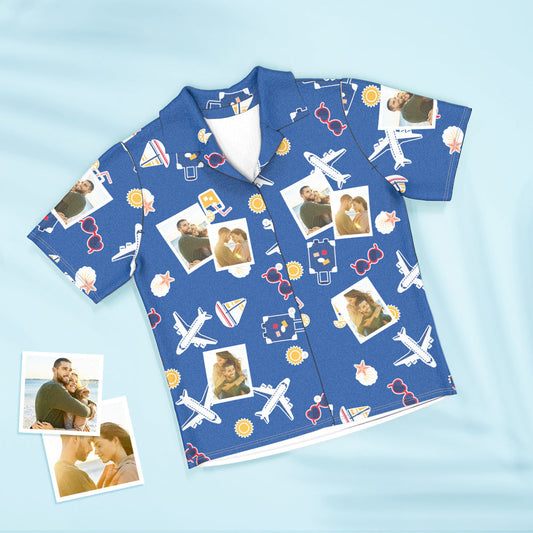 Personalised photo pyjamas short‑sleeved unisex set with full‑photo print – custom travel pyjamas for men & women, front‑button shirt and drawstring waist trousers