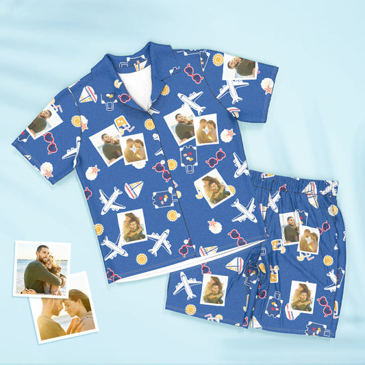 Personalised photo pyjamas short‑sleeved unisex set with full‑photo print – custom travel pyjamas for men & women, front‑button shirt and drawstring waist trousers