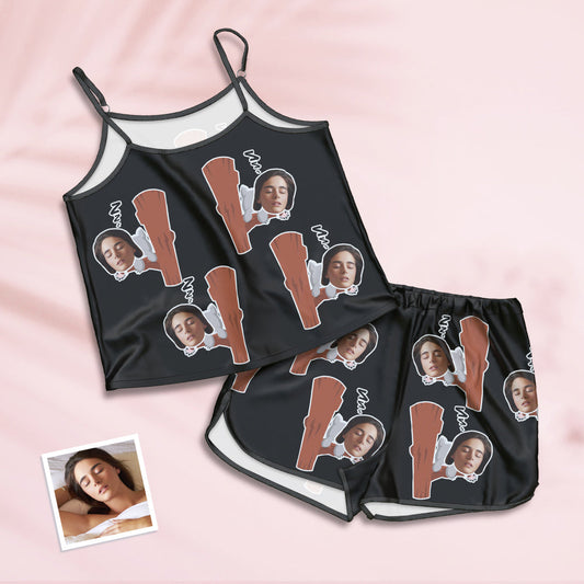 White personalised face pyjamas suspender cami and shorts set with koala print, front view showing adjustable straps and soft stretch fabric — ideal personalised lingerie gift