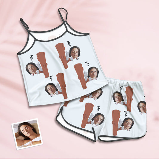 White personalised face pyjamas suspender cami and shorts set with koala print, front view showing adjustable straps and soft stretch fabric — ideal personalised lingerie gift