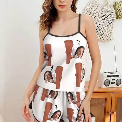 Black personalised pyjamas close-up of koala face print on cami and shorts, high-quality print on soft polyester-spandex fabric — hand wash 30°C recommended