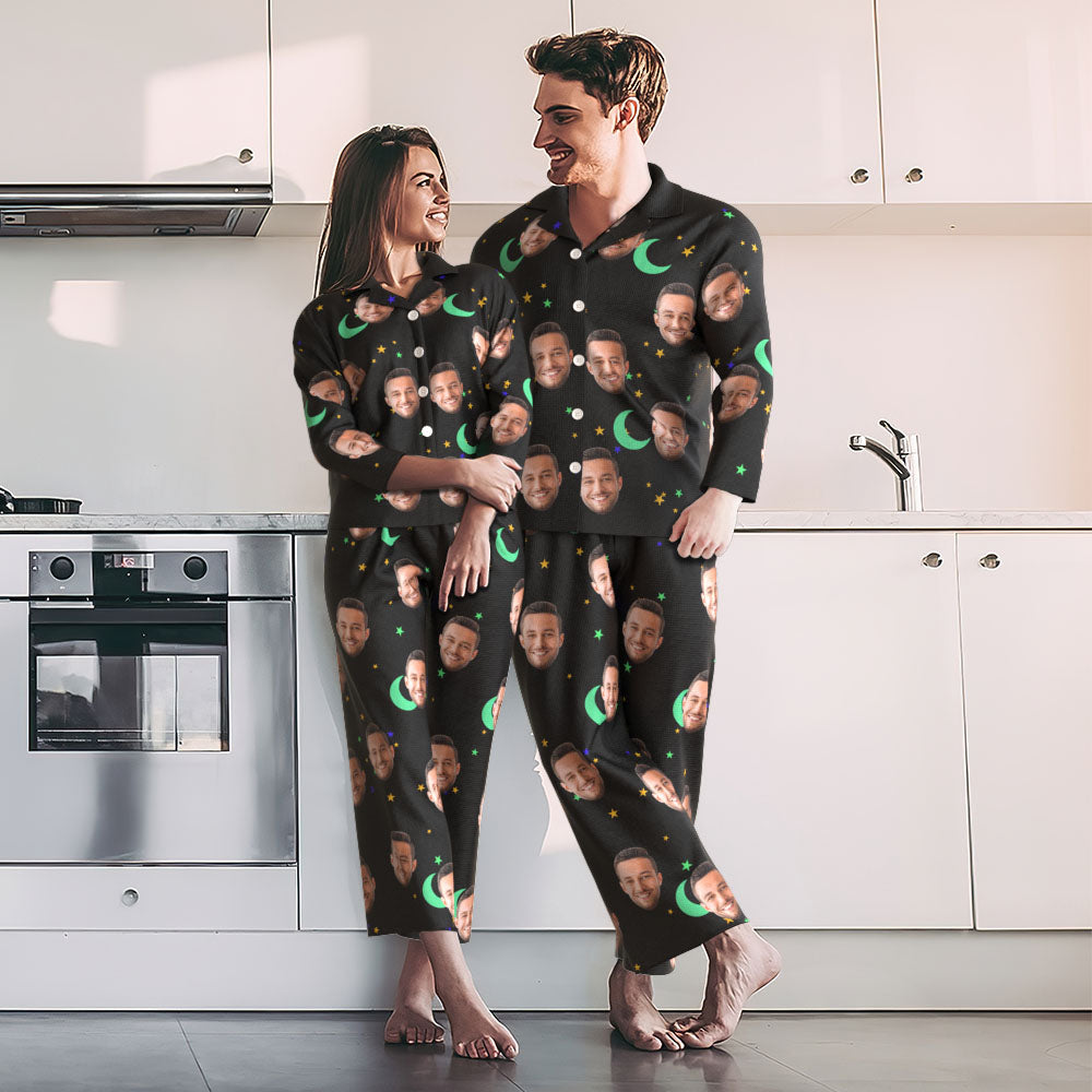 Model wearing unisex starry sky pyjama set with personalised face — novelty personalised sleepwear in soft polyester-spandex