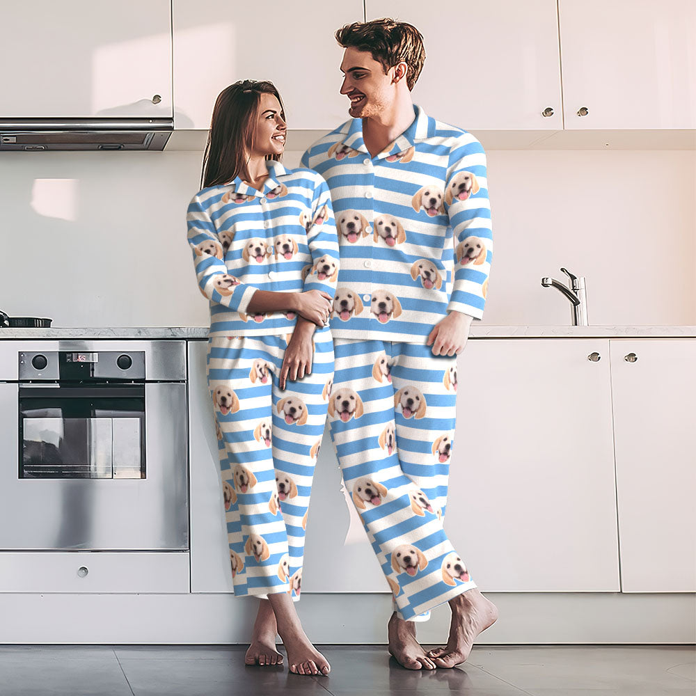 Matching personalised pyjamas for couples with faces printed on both tops – fun Valentine’s or anniversary gift