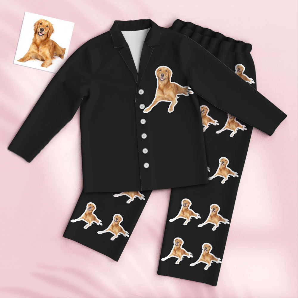 Model wearing unisex personalised pyjama set with customised pet face — fun personalised pyjamas gift for him and her