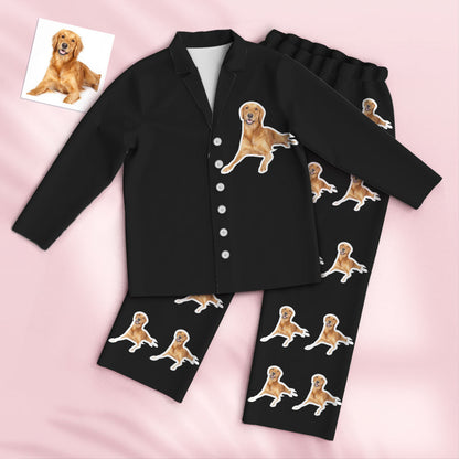 Model wearing unisex personalised pyjama set with customised pet face — fun personalised pyjamas gift for him and her