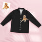 Model wearing unisex personalised pyjama set with customised pet face — fun personalised pyjamas gift for him and her