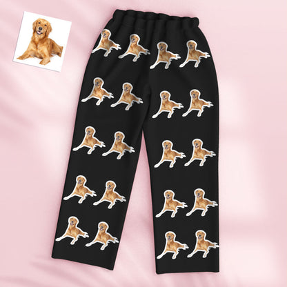 Custom Photo Pyjamas laid flat showing personalised pet face top and matching bottoms — novelty unisex sleepwear