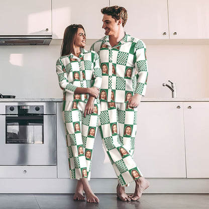 Back view of Funny Lattice Unisex Pyjamas showing seamless custom face placement and stretch 97% polyester, 3% spandex fabric