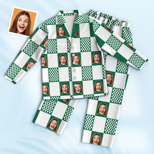 Close-up of personalised face cutout on pyjama top highlighting natural placement and crisp print for bespoke photo pyjamas