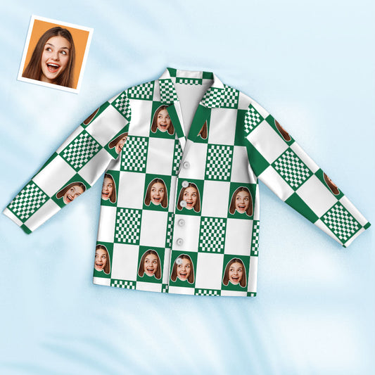 Close-up of personalised face cutout on pyjama top highlighting natural placement and crisp print for bespoke photo pyjamas