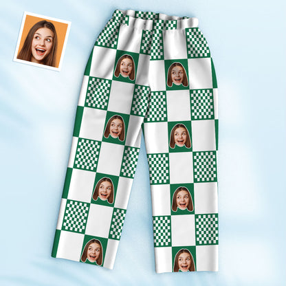 Couple wearing matching Personalised Photo Face Pyjamas in playful lattice design, unisex fit perfect as a wedding or novelty gift