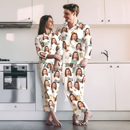 Detail shot of custom cat face pyjamas fabric and print quality — personalised face cutout on cartoon cat print, perfect custom photo pyjamas for birthdays.