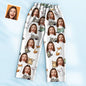 Close-up of personalised face pyjamas showing custom photo face cutout and playful cartoon cat design, stretchy 3% spandex for comfortable unisex sleepwear.