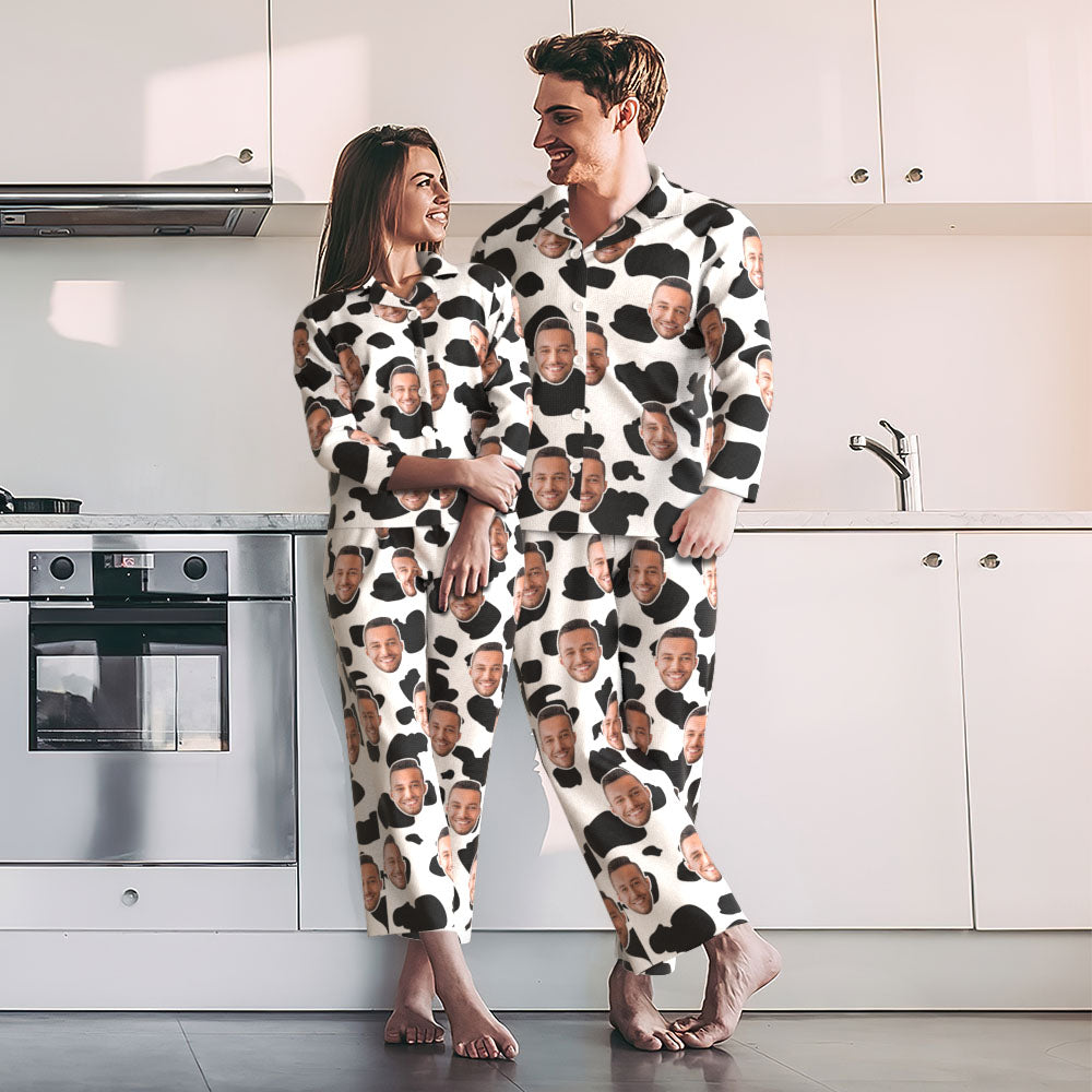Unisex custom photo pyjamas set in cow print — personalised face pyjamas, machine‑washable 97% polyester stretch