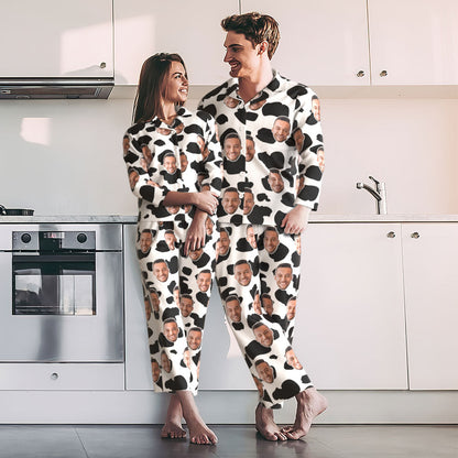 Unisex custom photo pyjamas set in cow print — personalised face pyjamas, machine‑washable 97% polyester stretch