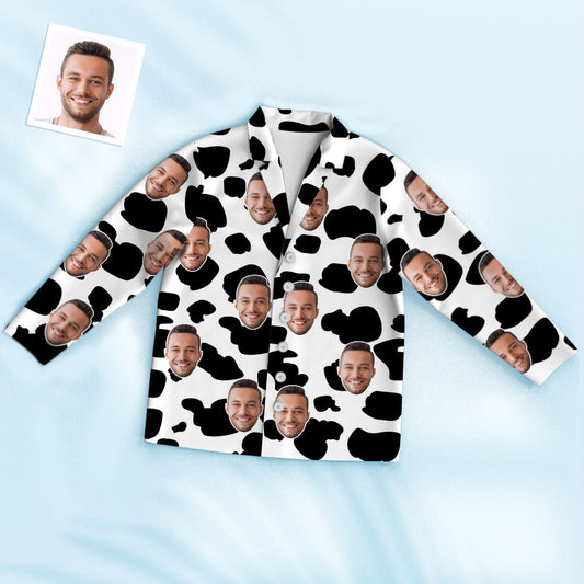 Custom Photo Face Pyjamas with cow texture and high‑quality personalised face print — funny unisex gift