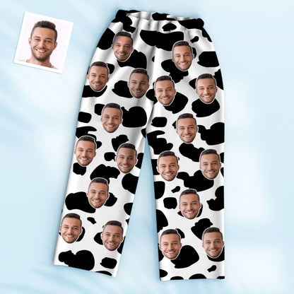 Front view of personalised cow texture pyjamas showing customised printed face on cosy soft fabric