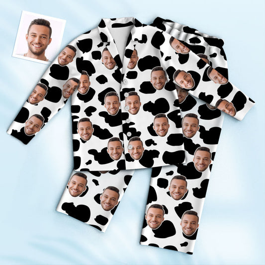 Custom Photo Face Pyjamas with cow texture and high‑quality personalised face print — funny unisex gift