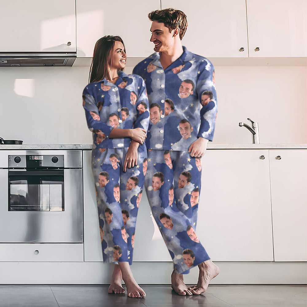 Close‑up of high‑resolution personalised face print on bloom sky pyjama top, clear photo reproduction on 97% polyester 3% spandex fabric
