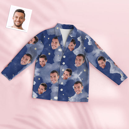 Front view of Personalised Face Pyjamas — Bloom Style (Sky): unisex custom photo pyjama set with a personalised face cut‑out on a sky‑blue bloom print, soft polyester stretch