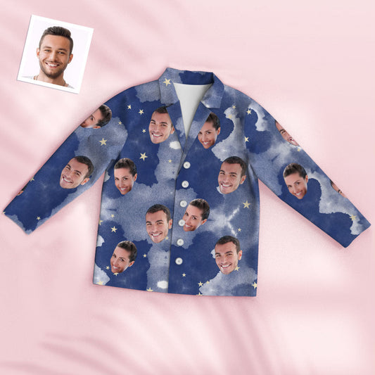 Front view of Personalised Face Pyjamas — Bloom Style (Sky): unisex custom photo pyjama set with a personalised face cut‑out on a sky‑blue bloom print, soft polyester stretch