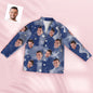 Front view of Personalised Face Pyjamas — Bloom Style (Sky): unisex custom photo pyjama set with a personalised face cut‑out on a sky‑blue bloom print, soft polyester stretch