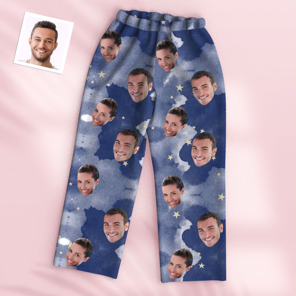 Flatlay of Bloom Style (Sky) personalised pyjamas showing the custom photo print on the top and matching trousers — perfect custom photo sleepwear gift