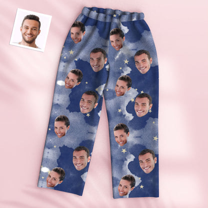 Flatlay of Bloom Style (Sky) personalised pyjamas showing the custom photo print on the top and matching trousers — perfect custom photo sleepwear gift