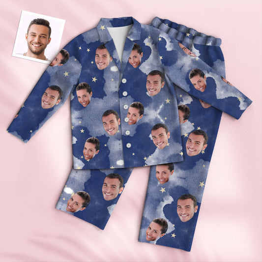 Front view of Personalised Face Pyjamas — Bloom Style (Sky): unisex custom photo pyjama set with a personalised face cut‑out on a sky‑blue bloom print, soft polyester stretch