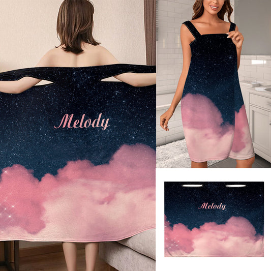 Personalised pink clouds wrap towel dress in anti-pilling flannel with custom name print, shoulder-strap beach towel wrap and women's personalised spa robe