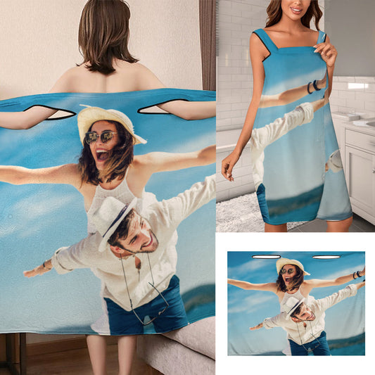 Personalised wearable bath towel, custom bath wrap robe in anti-pilling flannel with shoulder strap and example name print