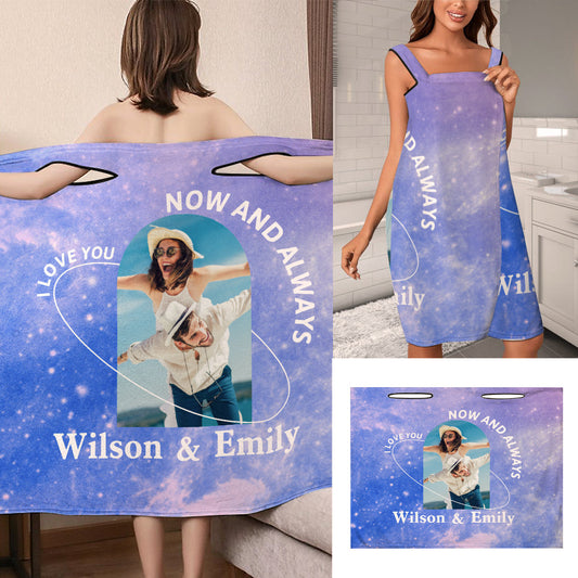 Personalised Bath Towel Dress — front view of custom starry sky spa bathrobe with secure shoulder strap, soft anti-pilling flannel wearable towel
