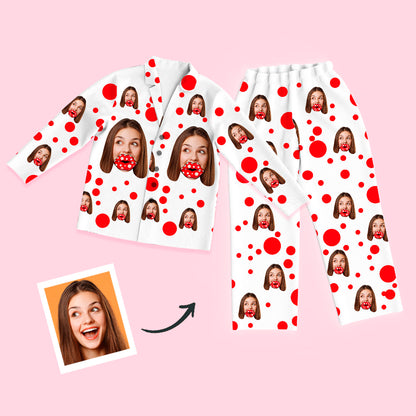 Unisex long-sleeve modal pyjamas set with personalised face photo and red lips heart all-over print — button-through top with lapel collar and matching elasticated-waist trousers, ideal personalised photo gift and matching couple pyjamas.
