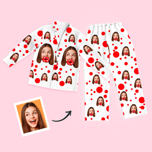Unisex long-sleeve modal pyjamas set with personalised face photo and red lips heart all-over print — button-through top with lapel collar and matching elasticated-waist trousers, ideal personalised photo gift and matching couple pyjamas.
