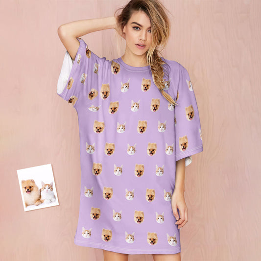 Personalised pet photo nightdress with a large custom pet-face print on soft, cosy fabric — personalised face sleep shirt for pet lovers and unique gifts
