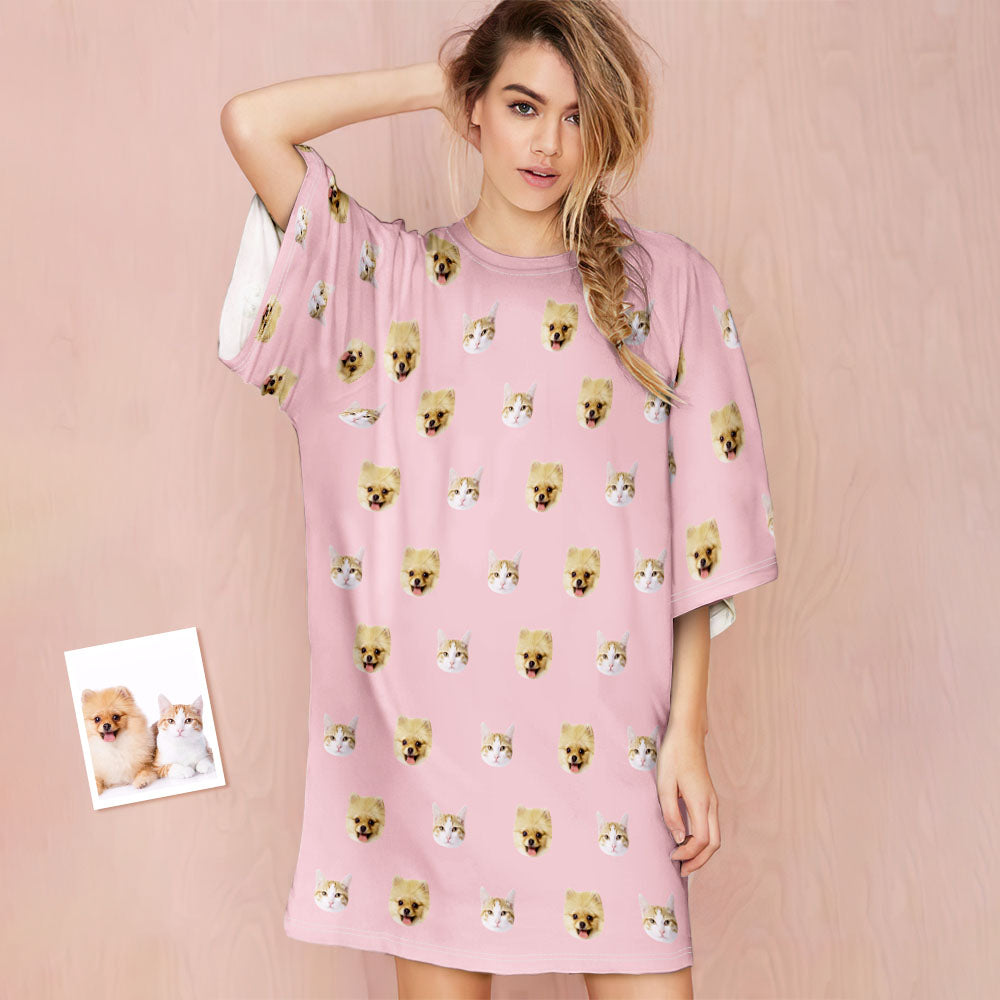 Personalised pet photo nightdress with a large custom pet-face print on soft, cosy fabric — personalised face sleep shirt for pet lovers and unique gifts